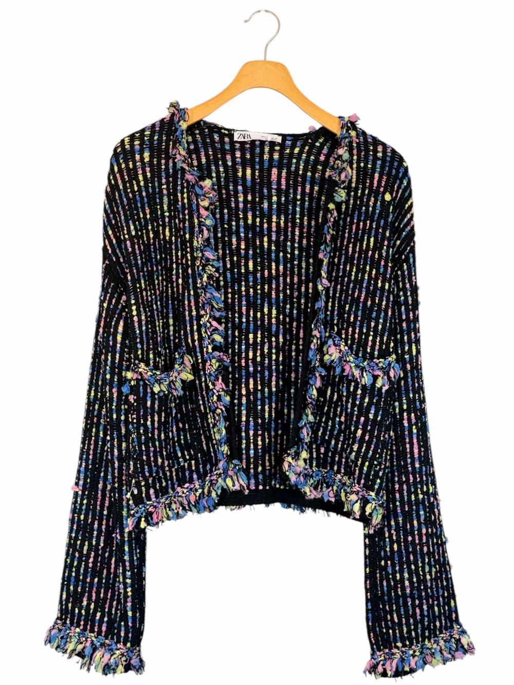 Zara Tweed Knit Colorful Fringe Open Front Cardigan Size US S Black Multi
